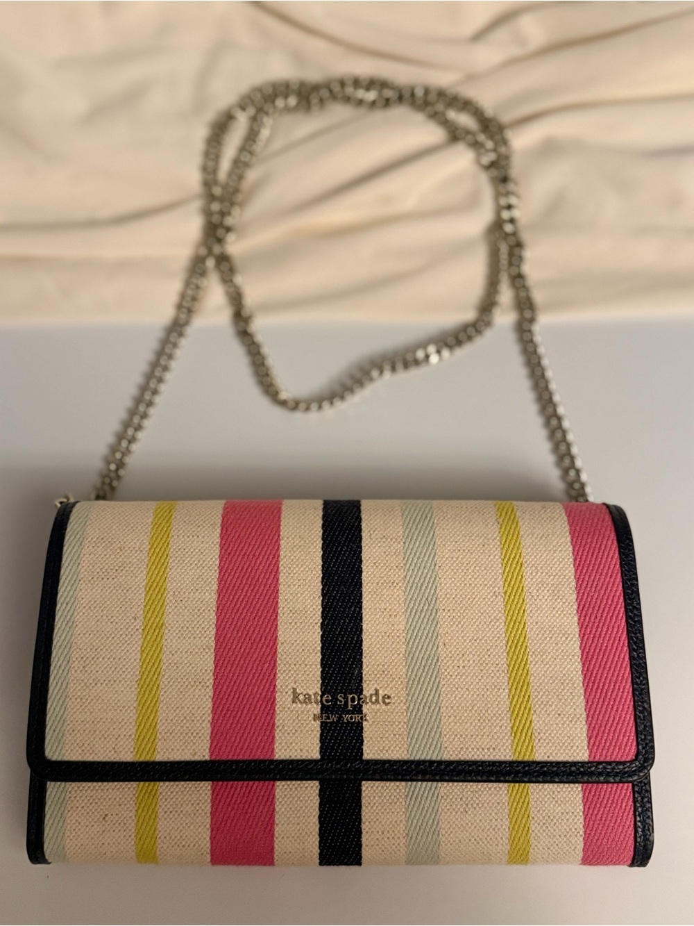 Kate Spade Striped Canvas Crossbody Wallet Multi-Sectional Navy Leather Trim